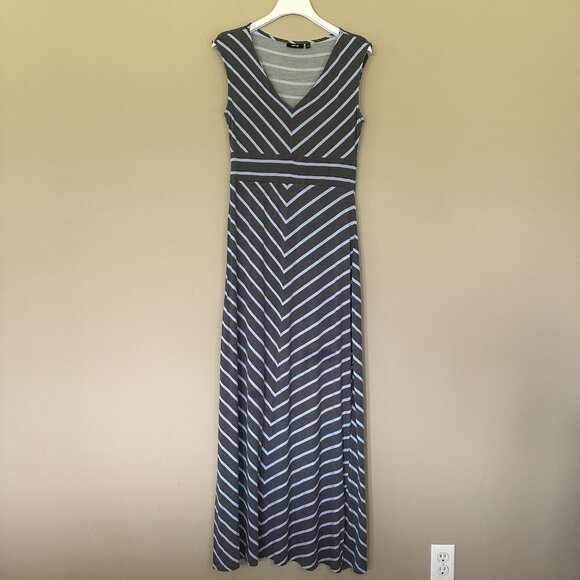 Blue Gray Maxi Dress Women M Casual Stretch Stripe Comfy High Waist V neck - Picture 7 of 7